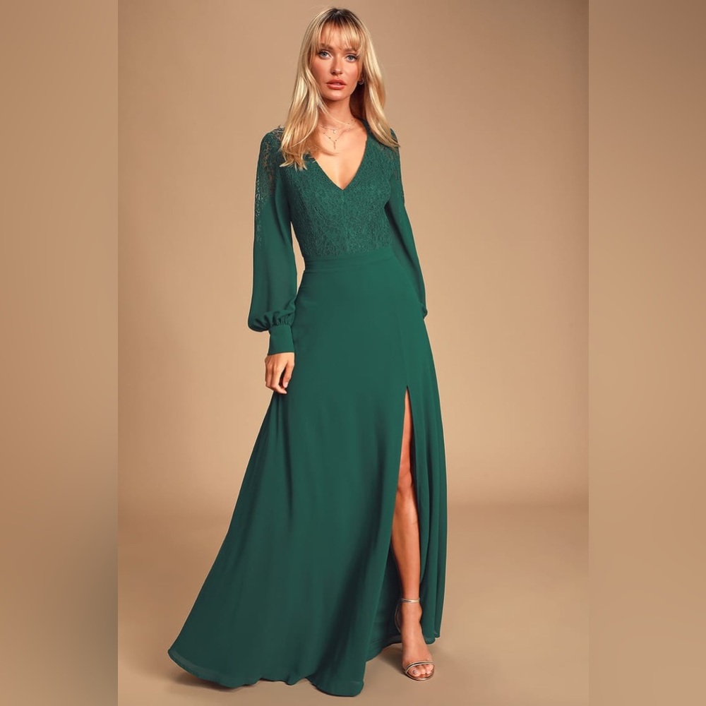 NWT Astra Forest Green Lace Long Sleeve Backless Maxi Dress SIZE SMALL